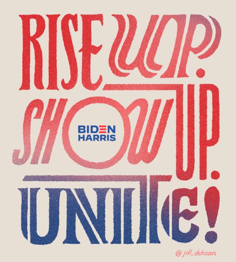 Seguindo a iniciativa da designer Jessica Hische, um grupo de artistas e designers norte-americanos estão produzindo uma série de posters para a campanha presidencial de 2020. A ideia aqui é chamar a atenção para a candidatura democrata de Joe Biden e Kamala Harris e pelo fim do mandato de Donald Trump.